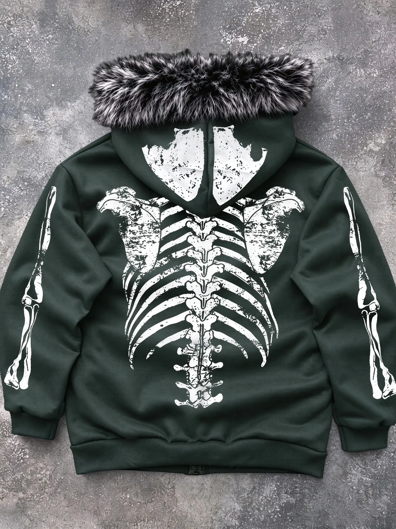 Men's Gothic Y2K Punk Faux Fur Collar Skeleton Hooded Zipper Jacket, Halloween Limited Edition, Casual Streetwear, Perfect Gift
