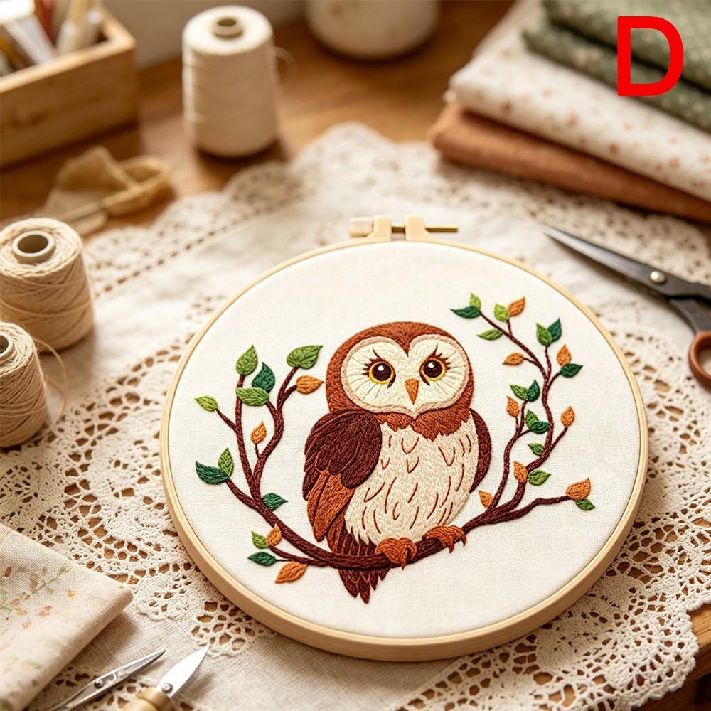 Animal Theme Embroidery Kit for Beginners, Owl Pattern Hand Sewing Set, Includes Fabric, Threads, Tools, Hoop, Instructions, Home Decor, Gift