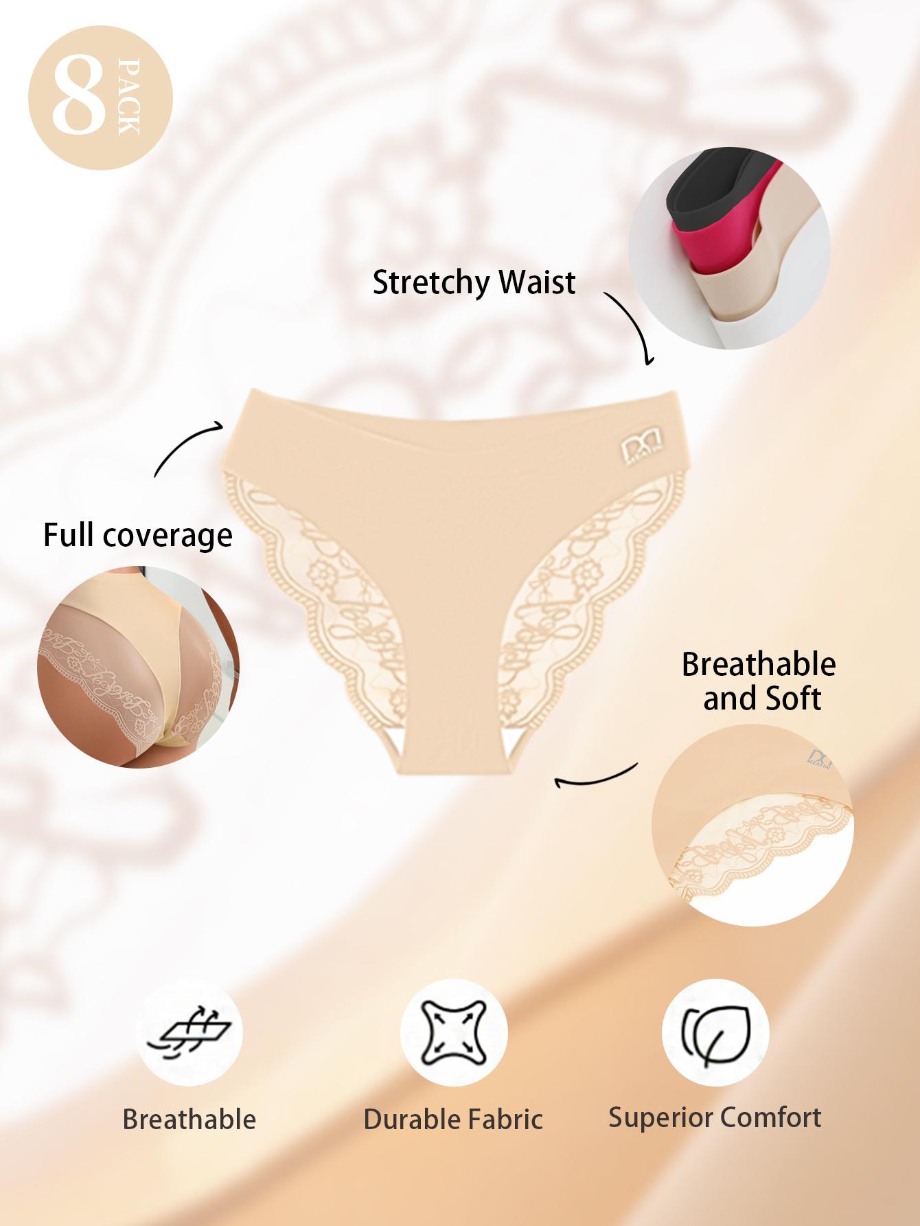 QUASTI 8-Pack Mid-Rise Spliced Lace Sexy Briefs for Women Breathable High Stretch Panties Soft Fashionable Seamless Underwear Basic Minimalist PantiesS-XXL Fabric Polyester