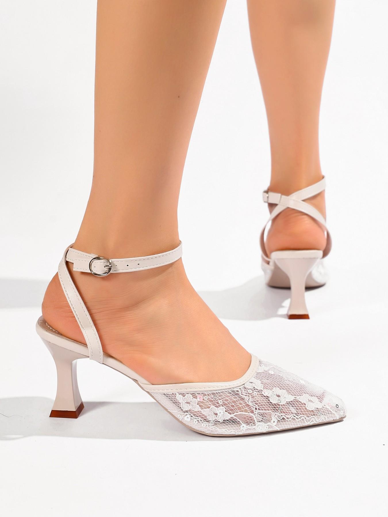 Women's Lace Mesh Wedding Shoes, Detachable Pearl Anklet, Pointed Toe, Thick Heel, Bridal Shoes, Elegant and Comfortable