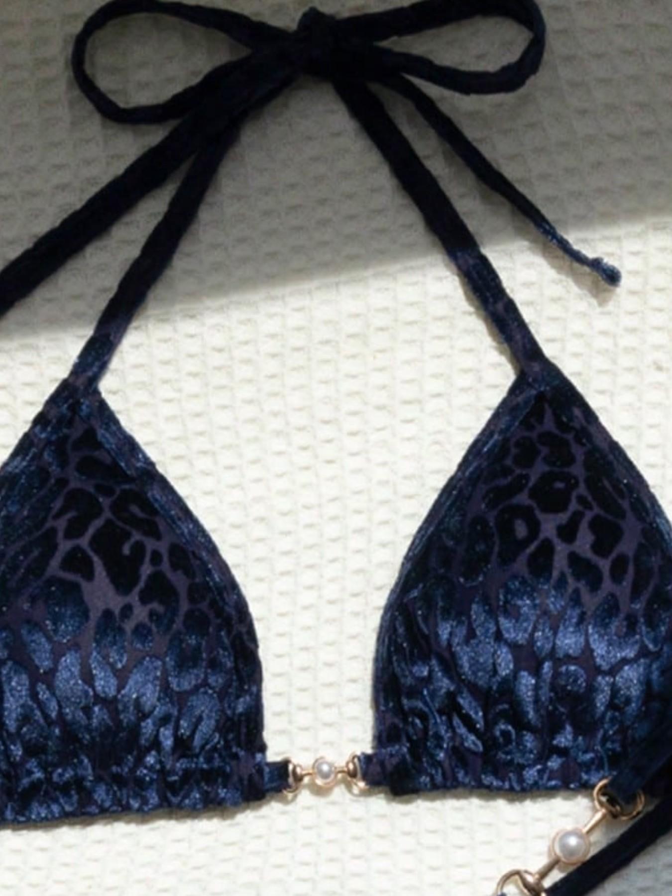 Two-piece Set Women's Leopard Print Halter Bikini Set, Casual Fashion Chic Tie Back Swim Bra & Faux Pearls Swim Thong Two-piece Swimsuit for Beach Holiday Vacation, Ladies Swimwear for All Seasons, Swimsuit Style Bikini