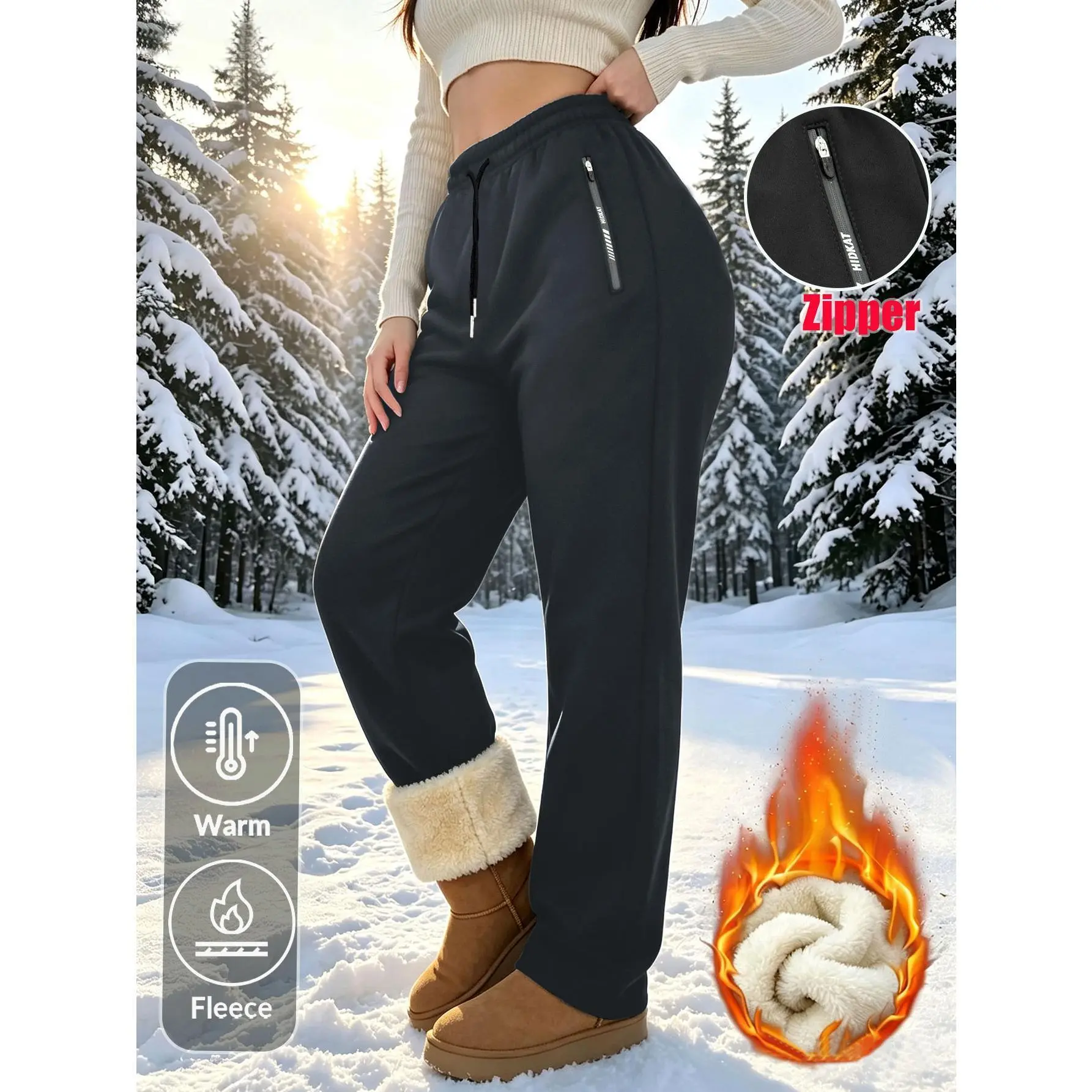 Women's Winter Fleece Lined Sports Pants with Zippered Pockets and Black Drawstring, Suitable for Women's Running and Casual Wear, Suitable for Daily or Casual Snow Walking