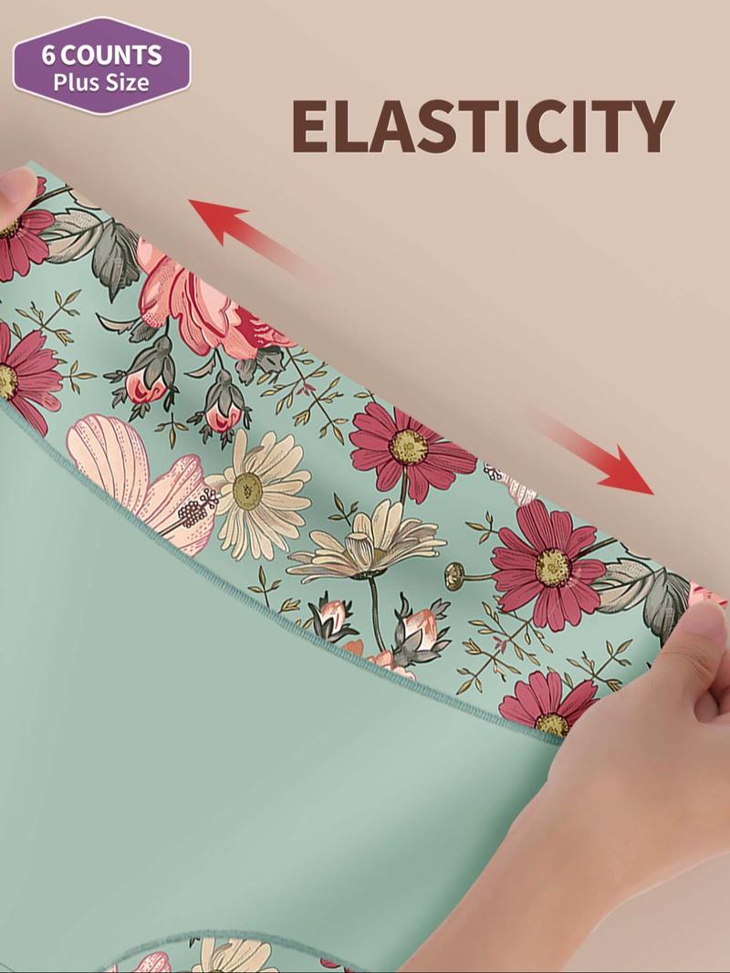 【Plus Size】 Floral Print Patchwork High Waist Panty, Tight Fit Soft Comfy Breathable Brief for Daily Wear, Women's Underwear for All Seasons, Colorblock Print Panty