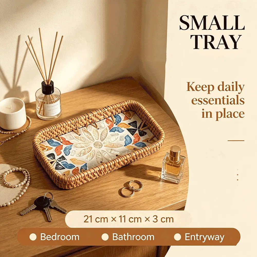 Handmade Woven Basket Mini Storage Tray with Colorful Shells, Bohemian Style Natural Craft Decorative Dish, Jewelry Cosmetics Organizer