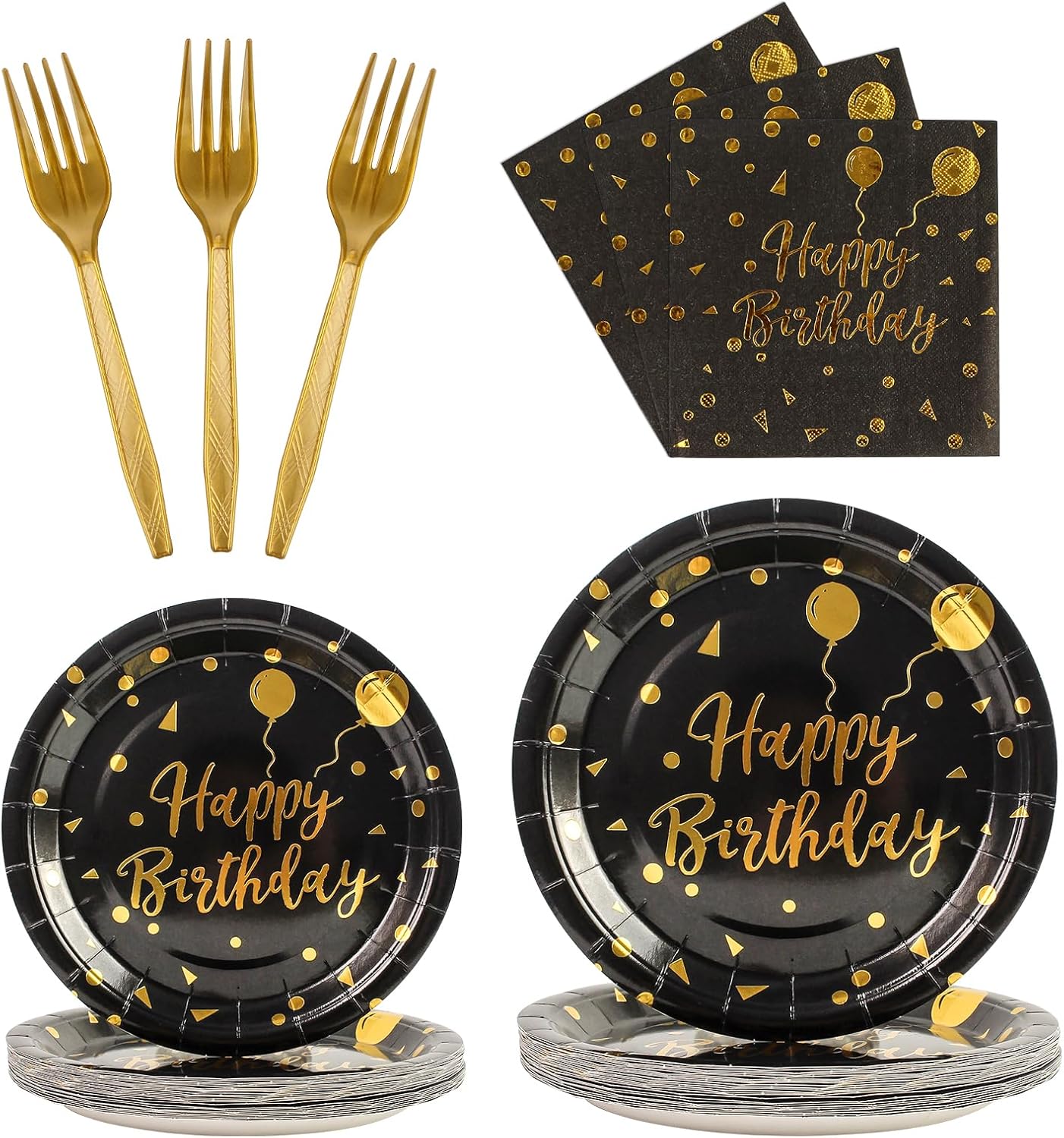 48PCS Black and Gold Plates and Napkins Party Supplies, Gold Dot Disposable Paper Plates, Napkins and Forks Tableware Set for 16 Guests, Elegant Birthday, Wedding, Retirement, Graduation Party Decorations and Celebration Dinnerware