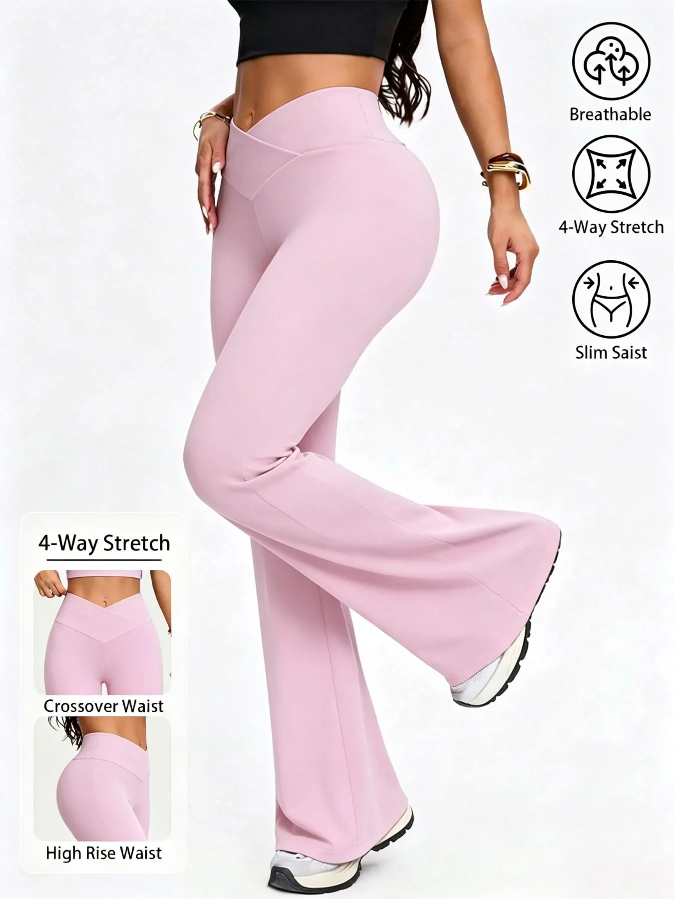 Women Crossover High Waist Flared Leggings, 4-Way Stretch Slim Yoga Pants, Tiktok Shop Viral OOTD Outfit Inspo For Ladies Gym Daily Workout Breathable Soft Women's Bottoms Clothes