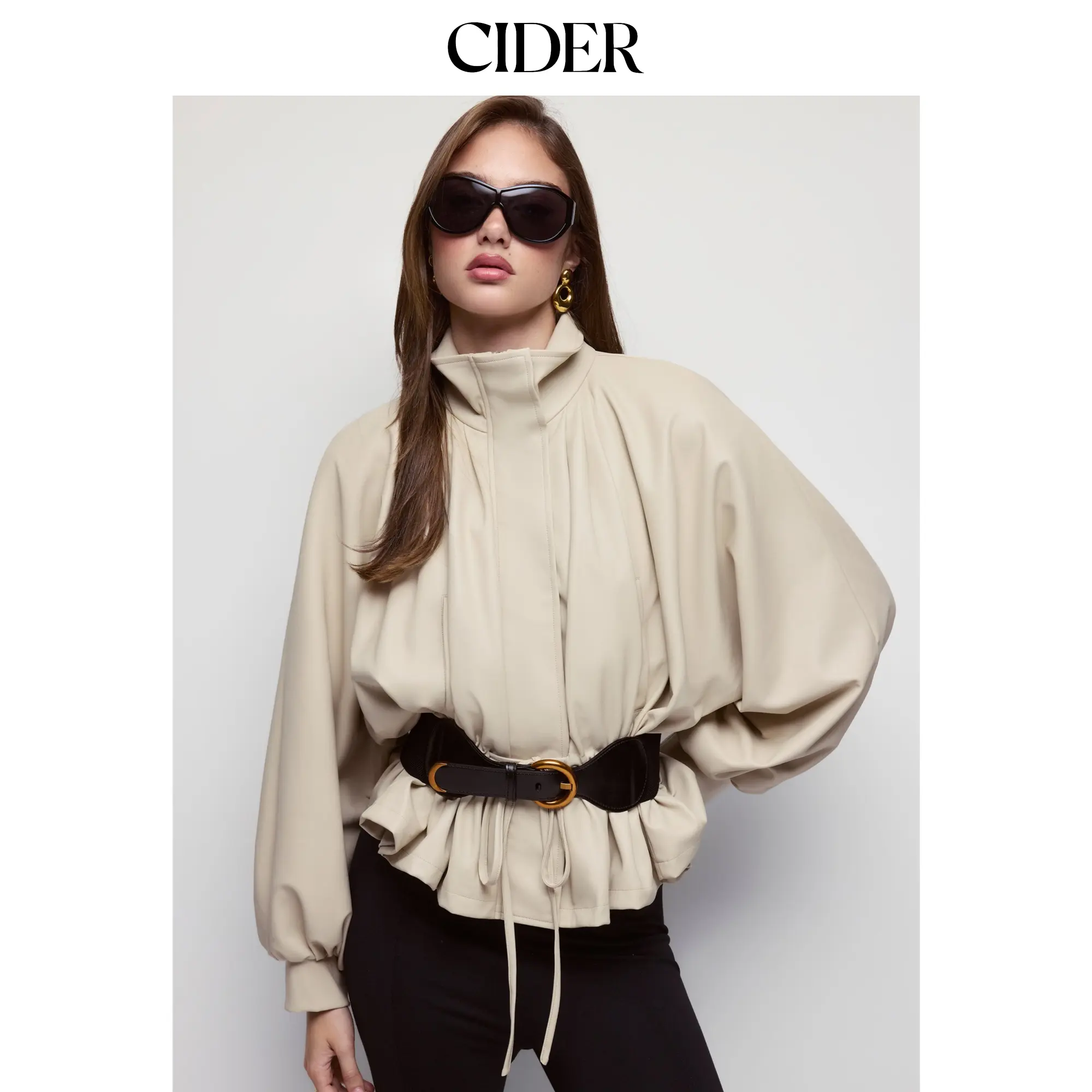 Cider Faux Leather Stand Collar Lantern Sleeve Drawstring Longline Jacket
