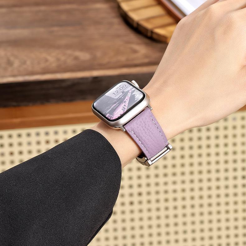 New H-Type Magnetic Buckle Lychee Pattern Leather Smart Watch Strap (38-49mm)
