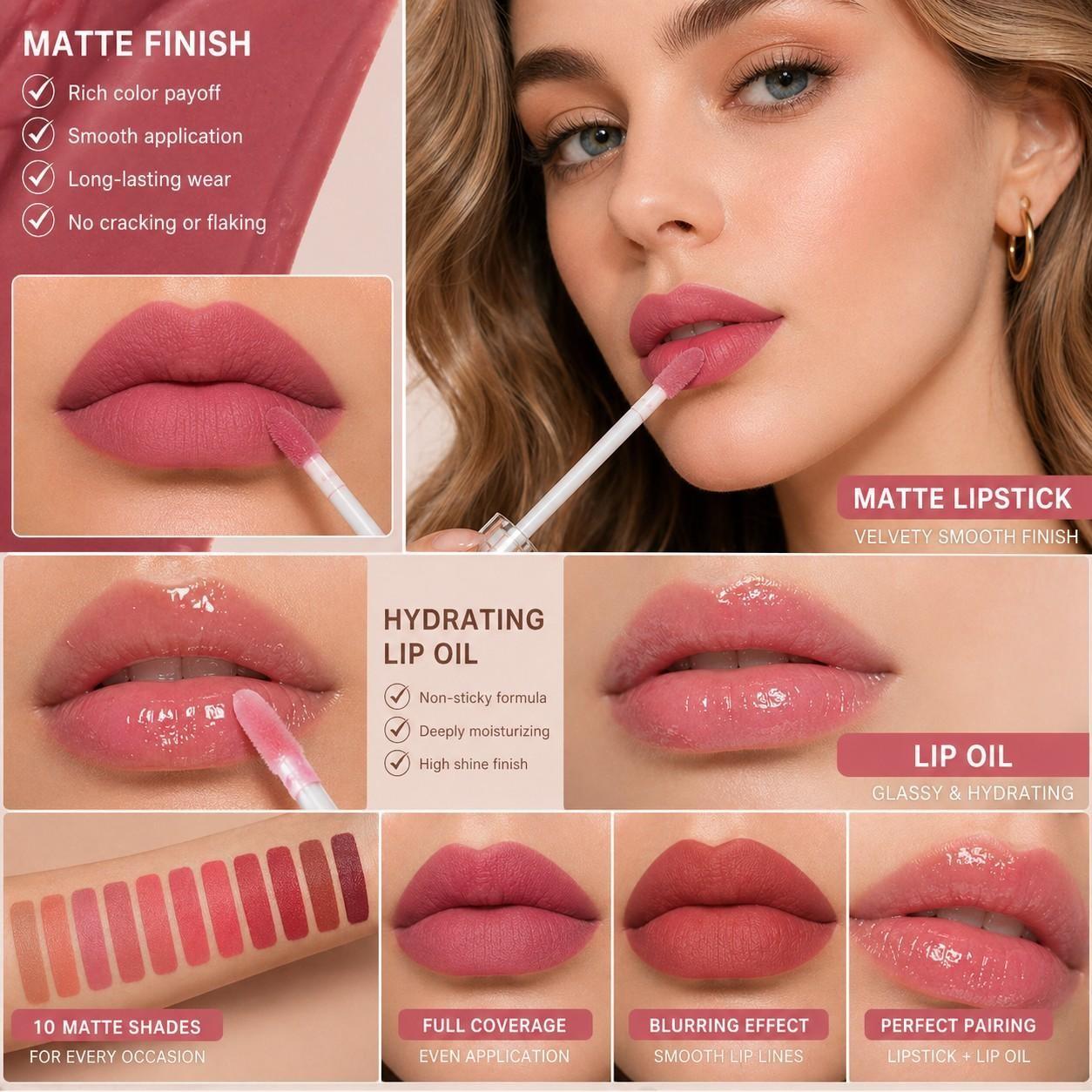 10Pcs Matte Lip Tint Set, Waterproof Transfer-Proof Lipstick, High Pigment Velvet Smooth Lip Gloss, Long Lasting Daily Lip Makeup, Gift Choice For Women