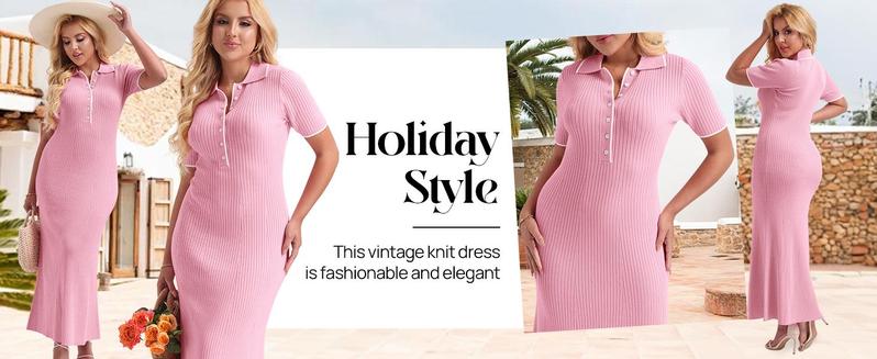 MEROKEETY Women's V Neck Ribbed Knit Maxi Dress Button Short Sleeve Slim Fit Bodycon Sweater Dress