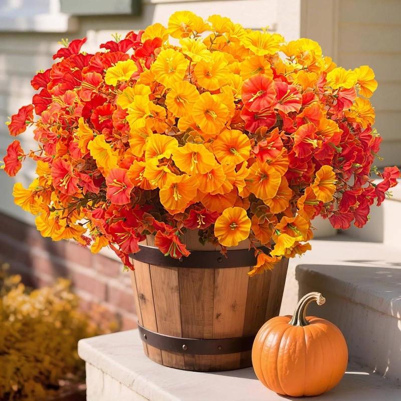 【New Fall Styles, Affordable Prices】6/12/18/24-Piece Outdoor Synthetic Artificial Flower Arrangement - Waterproof, Universal, Realistic Faux Plants with Orange,Yellow,Red,Brown Leaves for Patio,Porch,Front Door