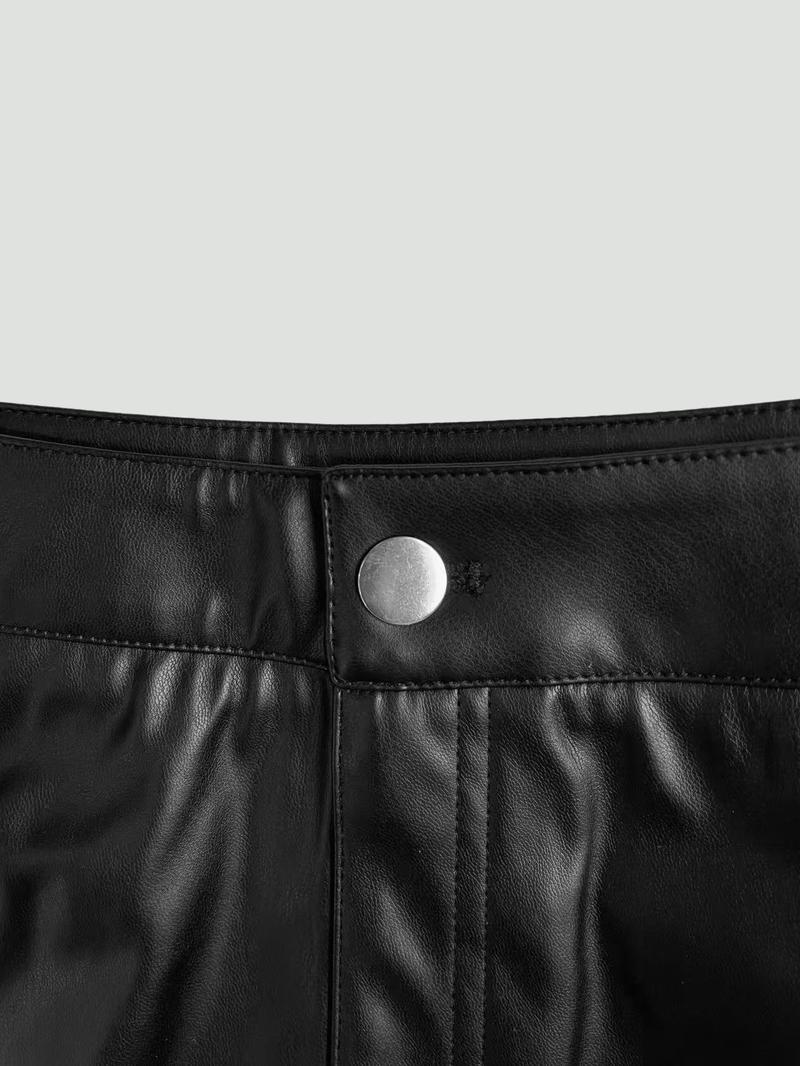 Women's Plain PU High-Waisted Button Closure Shorts, Fitted Casual Style, 1 Piece, Perfect for Everyday Wear