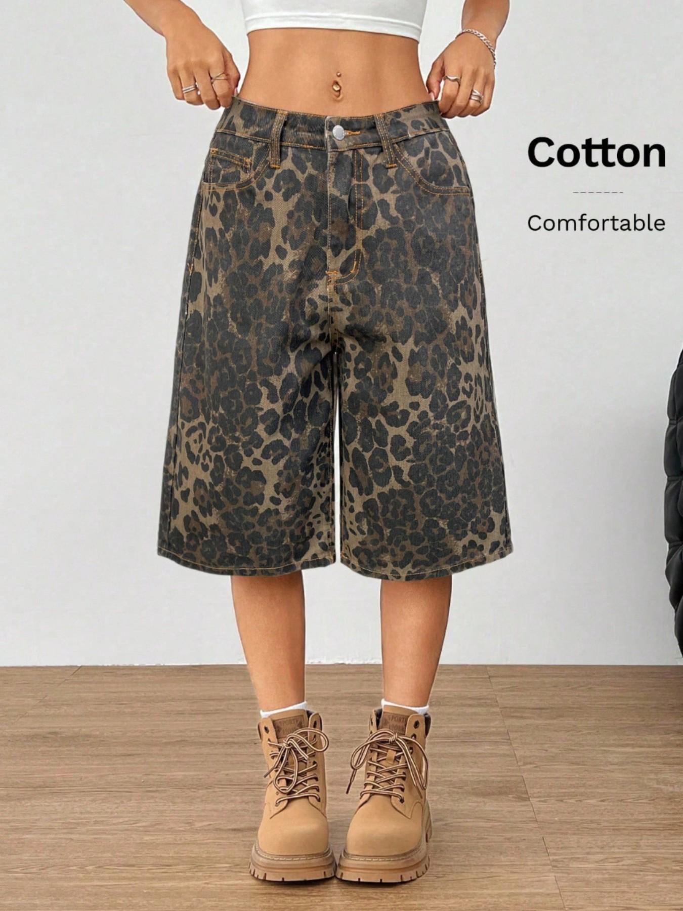 Women's Leopard Print Denim Capri Pants, Casual Wide Leg Loose Fit Shorts, Slant Pocket Design, Fashionable Versatile Summer Wear