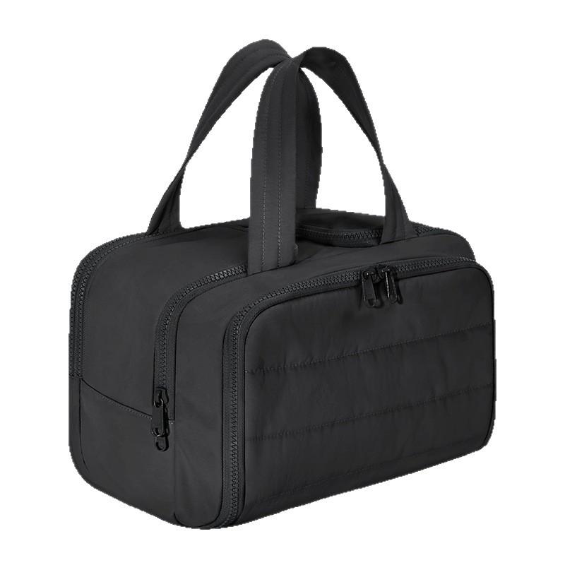 Women's Puffy Nylon Fabric Travel Toiletry Bag, Lightweight Large Makeup Organizer with Handle, Water-Resistant Wide-Open Dual Compartment Gym Storage Case for Holiday Overnight Use