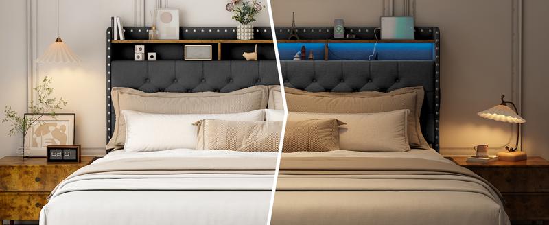 King Size Bed Frame with 3 Drawers, 2-Tier Storage Headbord, Bed Frame with Storage, LED Lights and Charging Station, Upholstered Platform Bed Frame, Wood Slats Support Bedroom Furniture