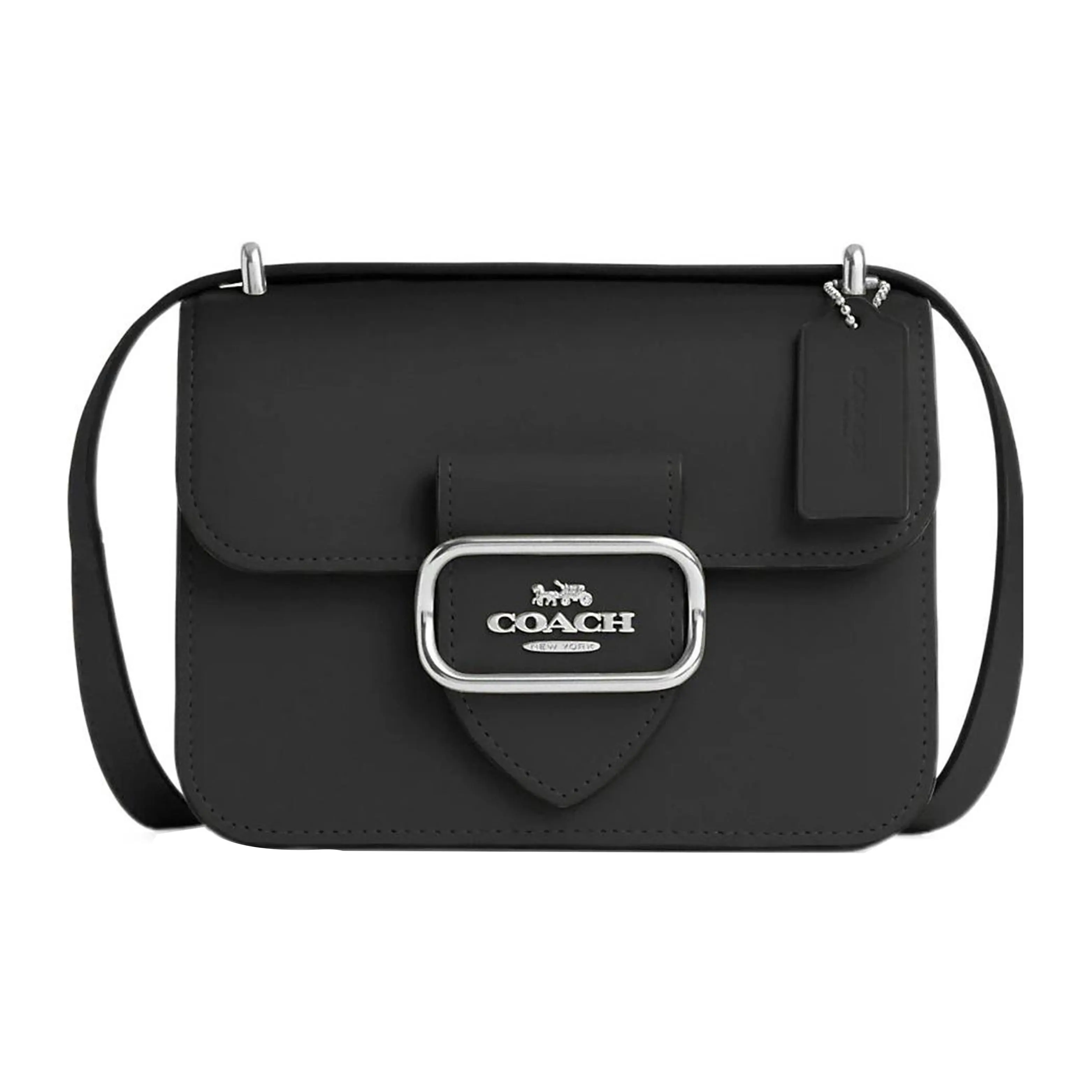 COACH Small Leather Crossbody Bag with Logo Clasp Closure for Women, Classic Black