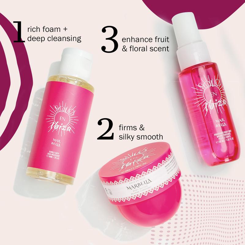 SOLO EN IBIZA Women's 3-Piece Gift Baskets - 1.76 fl. oz Body Butter, 2. oz Bubble Bath, 1.02 fl. oz Body Mist, Long-Lasting Moisture & Fragrance