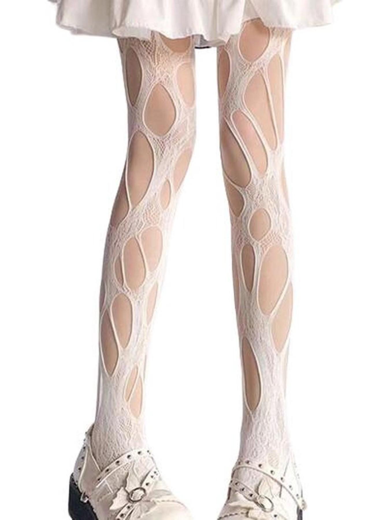 Women's Mesh Hollow Out Pantyhose, Asymmetric Ripped Design, Regular Fit, Suitable for All Seasons, 1 Pair