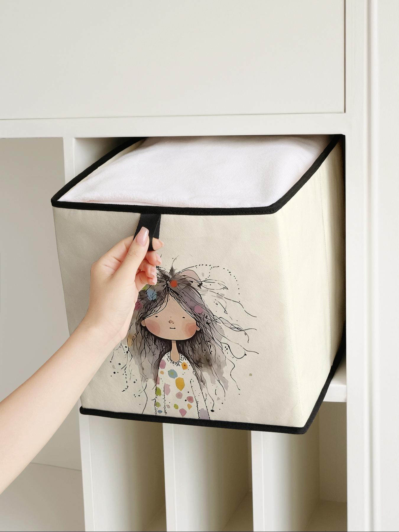 Little Girl Pattern Printed Open Storage Box, Stackable Drawer Organizer, Durable Multi-Functional Design for Home Dorm Room Organization