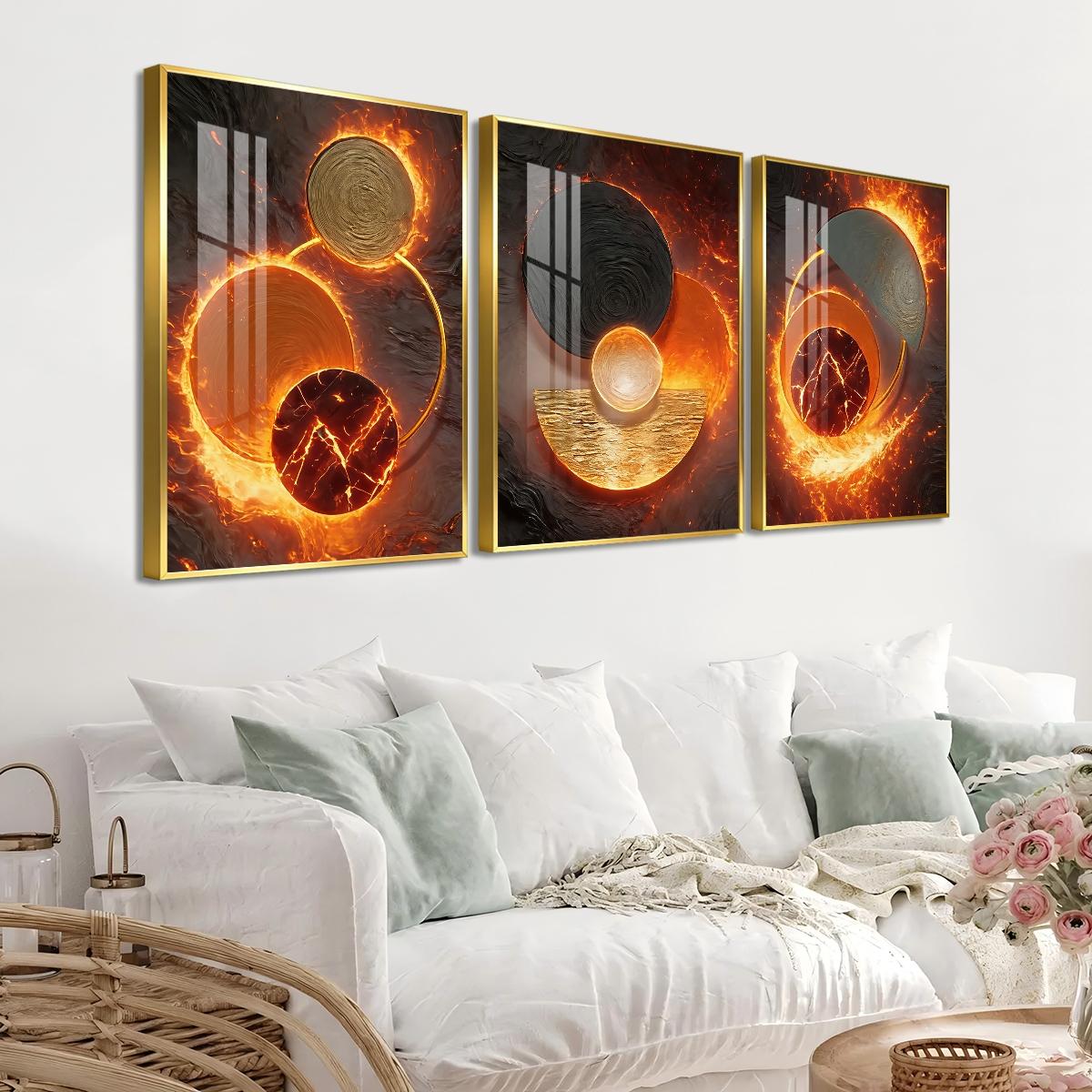 3 Counts Aluminum Alloy Framed Painting, Abstract Fire And Lava Geometry Pictures, Home Decoration For Living Room, Bedroom, Office, Restaurant, Hallway Wall Decor, Odorless Print Artwork, Luxury Perfect Gift For Friends And Family