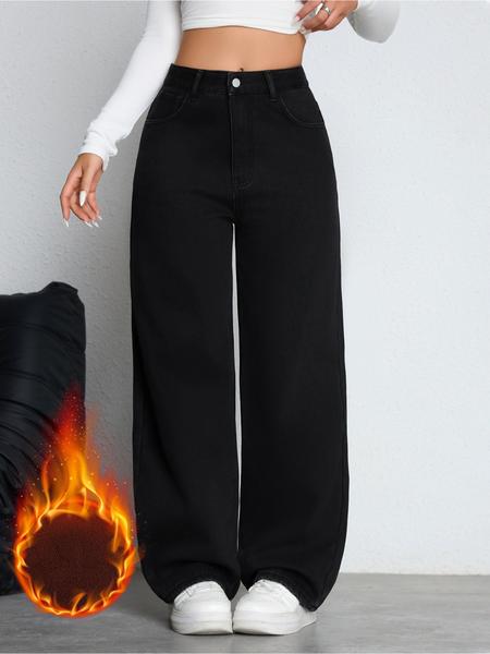 Women's Fleece Lined Thickened Fall Winter Wide Leg Jeans, Elegant Woven Fabric, Fashionable & Versatile, Straight Fit Denim Jeans, Bottom