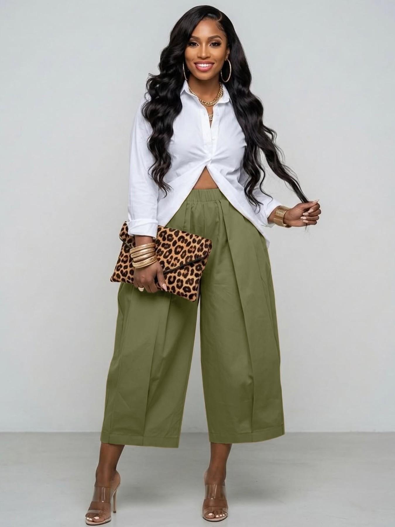 Women's Wide Leg Seven-Quarter Pants Bottom, Summer New Arrival, Elastic Waist, Pleated Slim Fit, Casual Camouflage Workwear