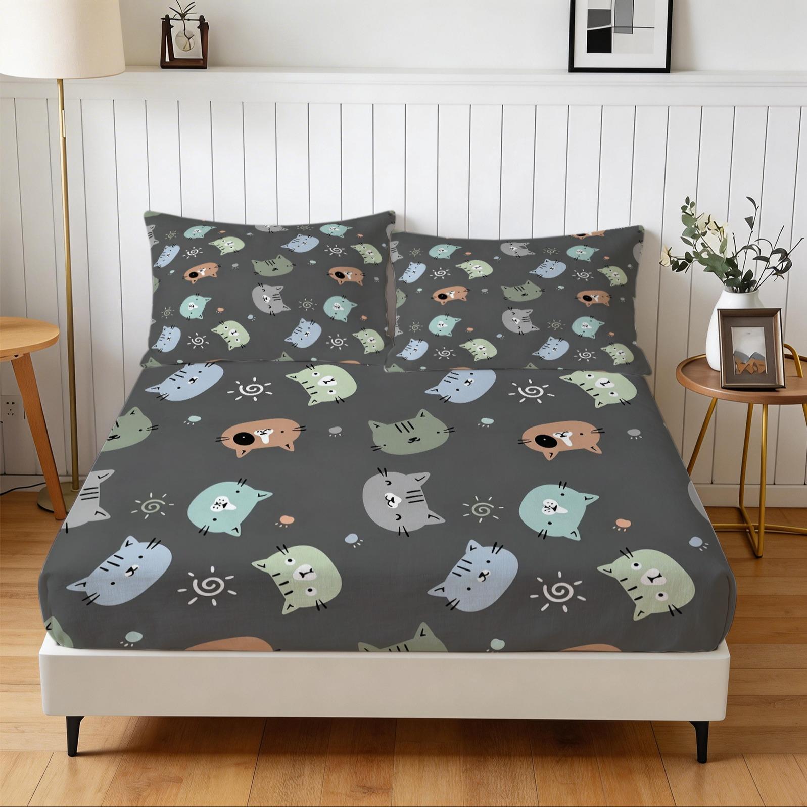 3 Piece Cute Cartoon Cat Fitted Sheet Set, 1 Fitted Sheet + 2 Pillowcases, Soft Skin-Friendly Kawaii Cat Meow Print Bedding, Ideal Gift for Cat Lovers Women Girls Teens Kids