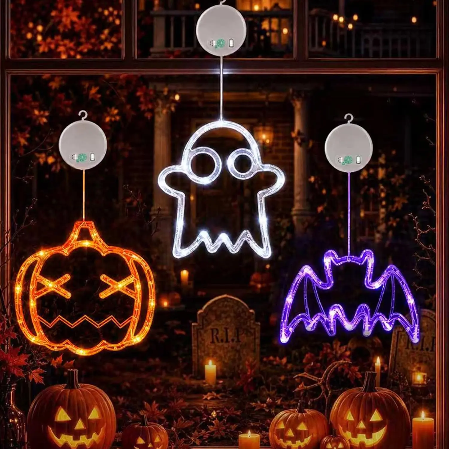 Halloween Window Lights, 3 Pack Pumpkin, Ghost, Bat Lights| Halloween Window Decorations, Orange, White, Purple Battery Operated, Suction Cup, 8 Flashing Modes, Timer, Indoor Lights