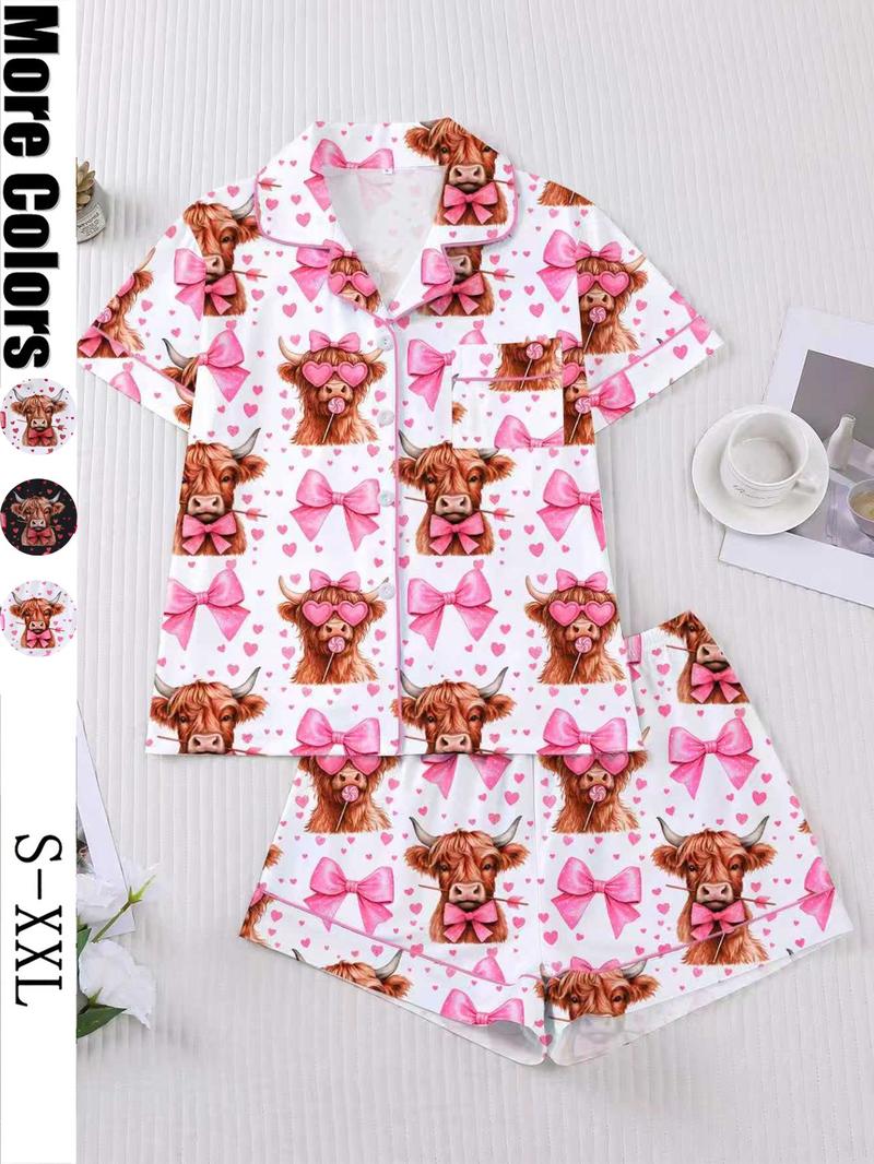 【Valentine's Day】Women's Valentine's Day Sleepwear Set Pajamas, Soft Short Sleeve Top & Elastic Shorts, Casual Home Wear, Fashionable Daily