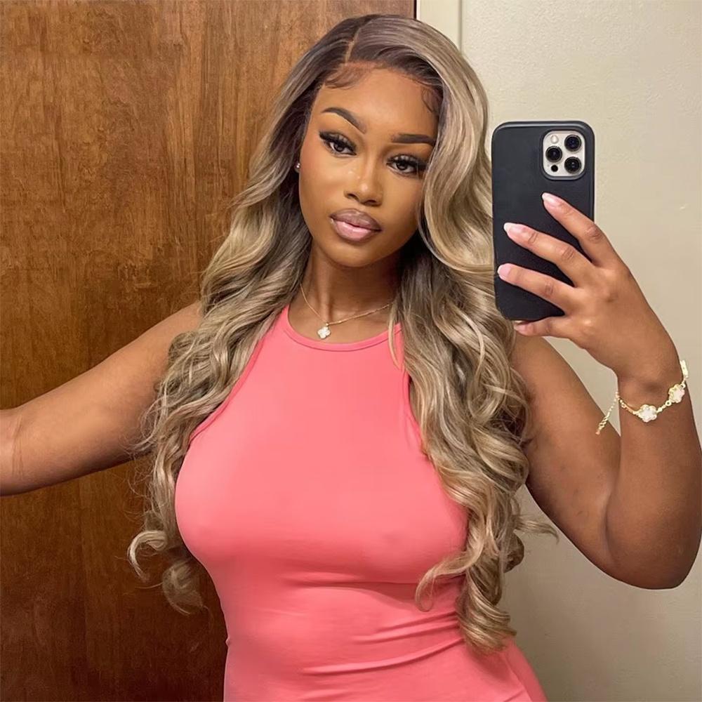 Ombre Brown Roots Ash Blonde Wigs Human Hair 180% Density 13x6 Body Wave HD Thin Lace Front Wig for Women Glueless Ombre Blonde Colored Lace Front Wigs SpringStatements