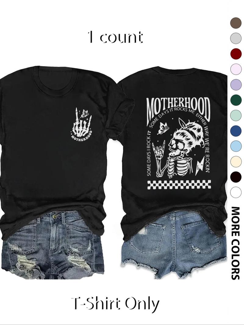 Women's Skull & Letter Graphic Round Neck Tee, Casual Fashion Drop Shoulder Half Sleeve T-Shirt for Daily Wear, Ladies Clothes for All Seasons