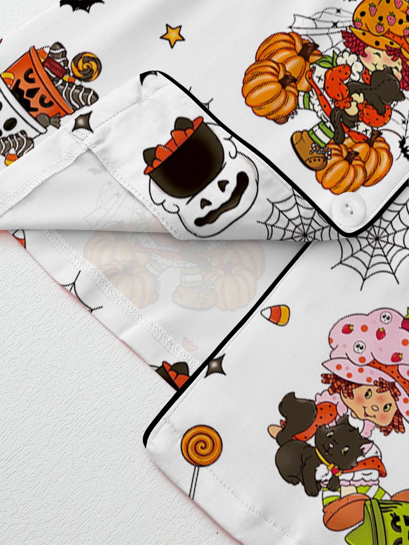 【Halloween】Retro Strawberry Girl Halloween Collared Pajama Set | Cute 80s Nostalgic Cartoon & Pumpkin Print Sleepwear | Soft Short Sleeve Button Down Lounge Outfit | Fun Summeroween 2-Piece PJs with Black Piping Pj Sets