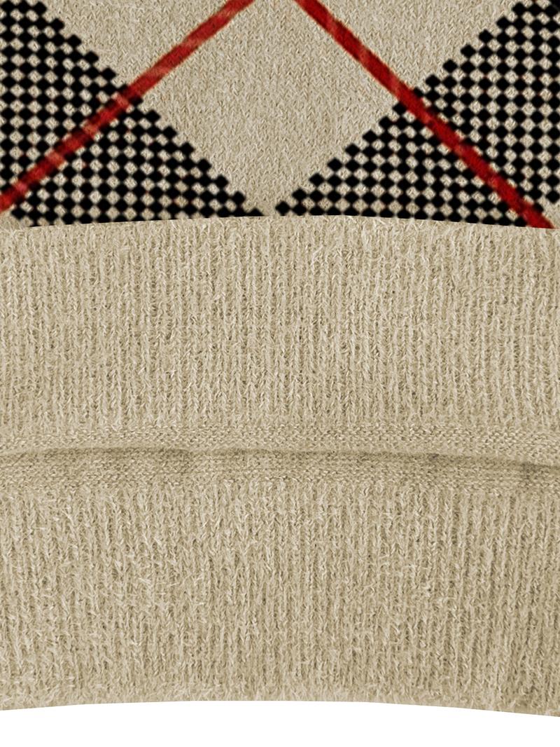 Women's Tartan Print Stand Collar Sweater, Fall & Winter Casual Long Sleeve Knitwear, Comfortable Warm Fitted Top for Daily Wear, Knitted Sweater