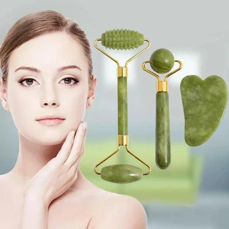 Natural Jade Roller Massager Beauty Tool Self Care Tools Skin Care Tools Facial Care Tools for Face Body Back Foot Massage Roller Facial Liftting Anti-wrinkle Double-end Gua Sha Jade Stone