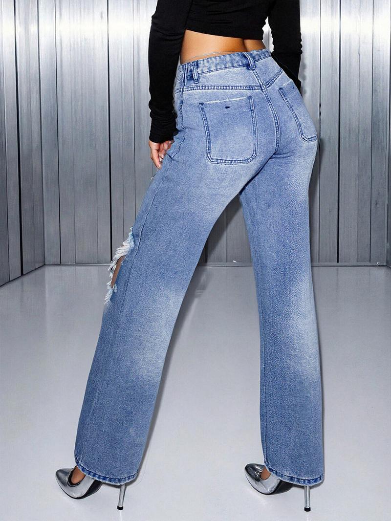 Women's High-Waisted Ripped Cut-Out Wide-Leg Jeans Pants, Casual Fitted Plain Design All-Season Wear, Comfortable Denim Style