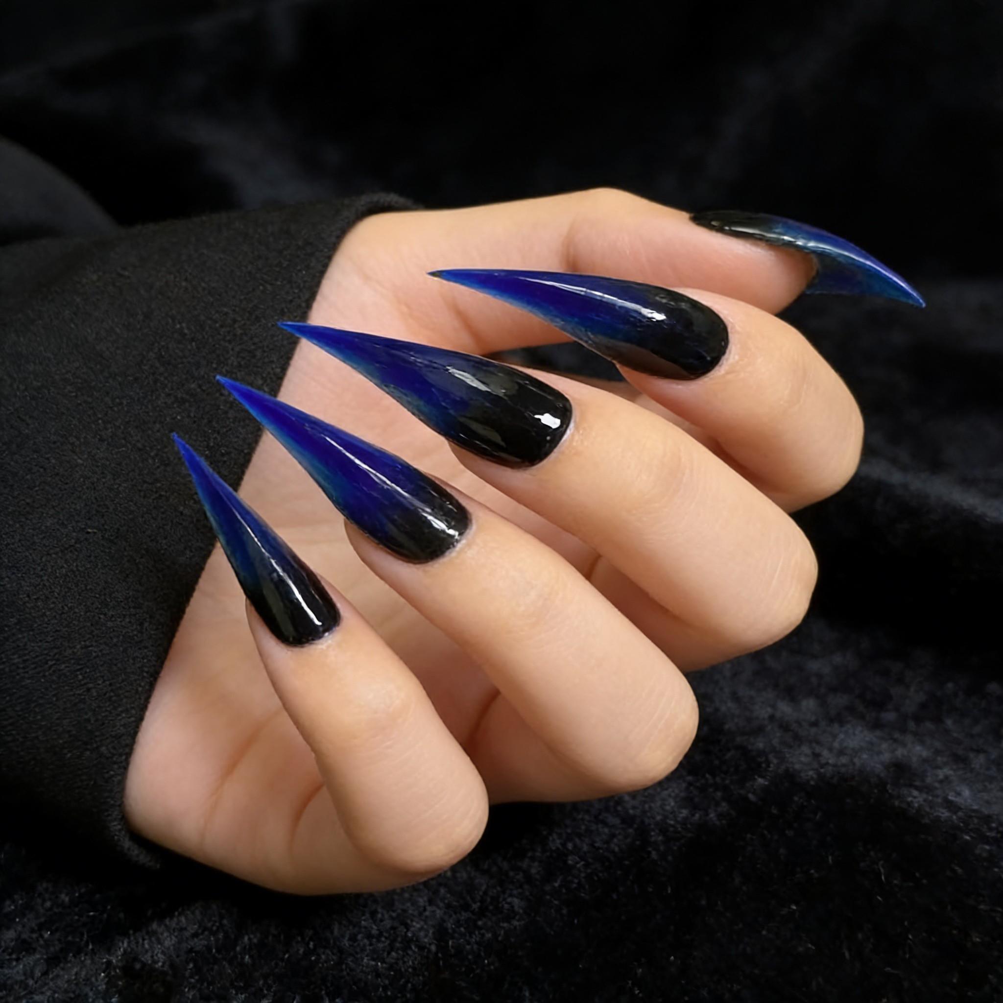 Handmade False Nails, Acrylic False Nails, Cat Claw Shape, Blue Gradient, Glossy Finish, Long Nails, Versatile Nail Art Stickers, Single Item Pack