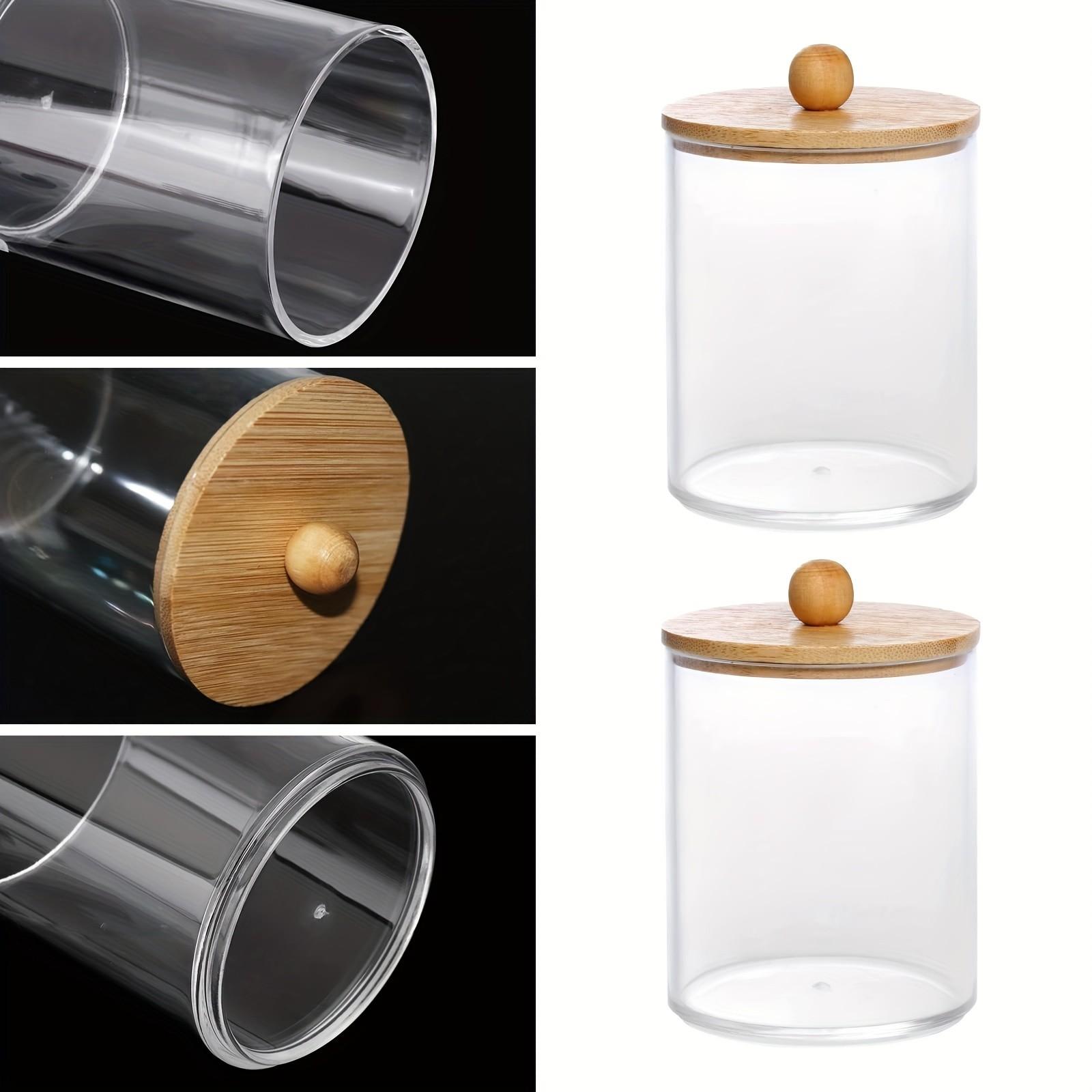 3 Piece 10 Oz Cotton Swab Organizer Set, Bamboo Lid Transparent Plastic Bottle Container, Makeup Storage Box Includes Swabs Balls Pads Floss