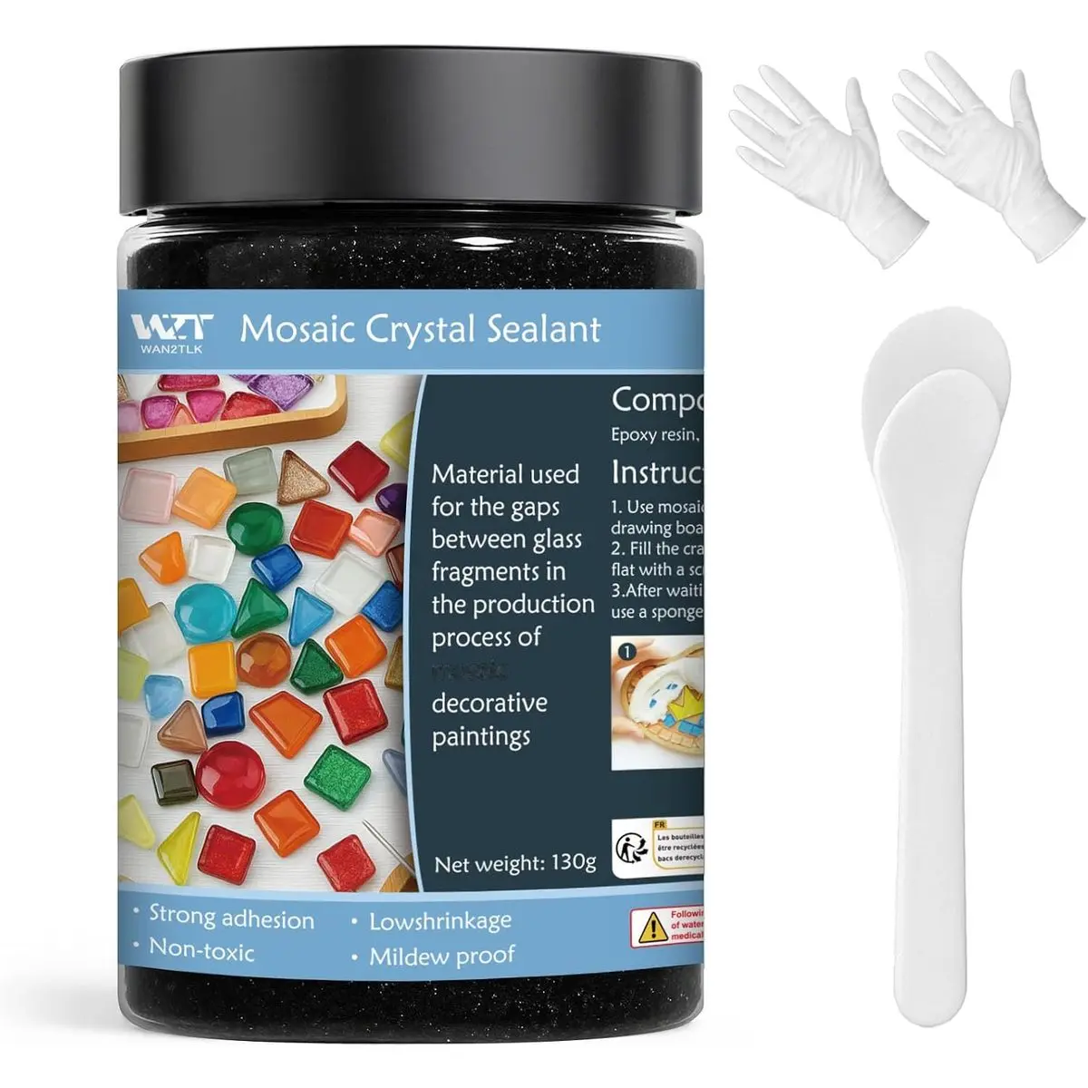 Mosaic Crystal Grout 130g, Black, No Water Needed, Fast-Drying Sealant for Mosaic Tile, DIY Home Repair, Handmade Grouting, Works on All Tiles and Surfaces