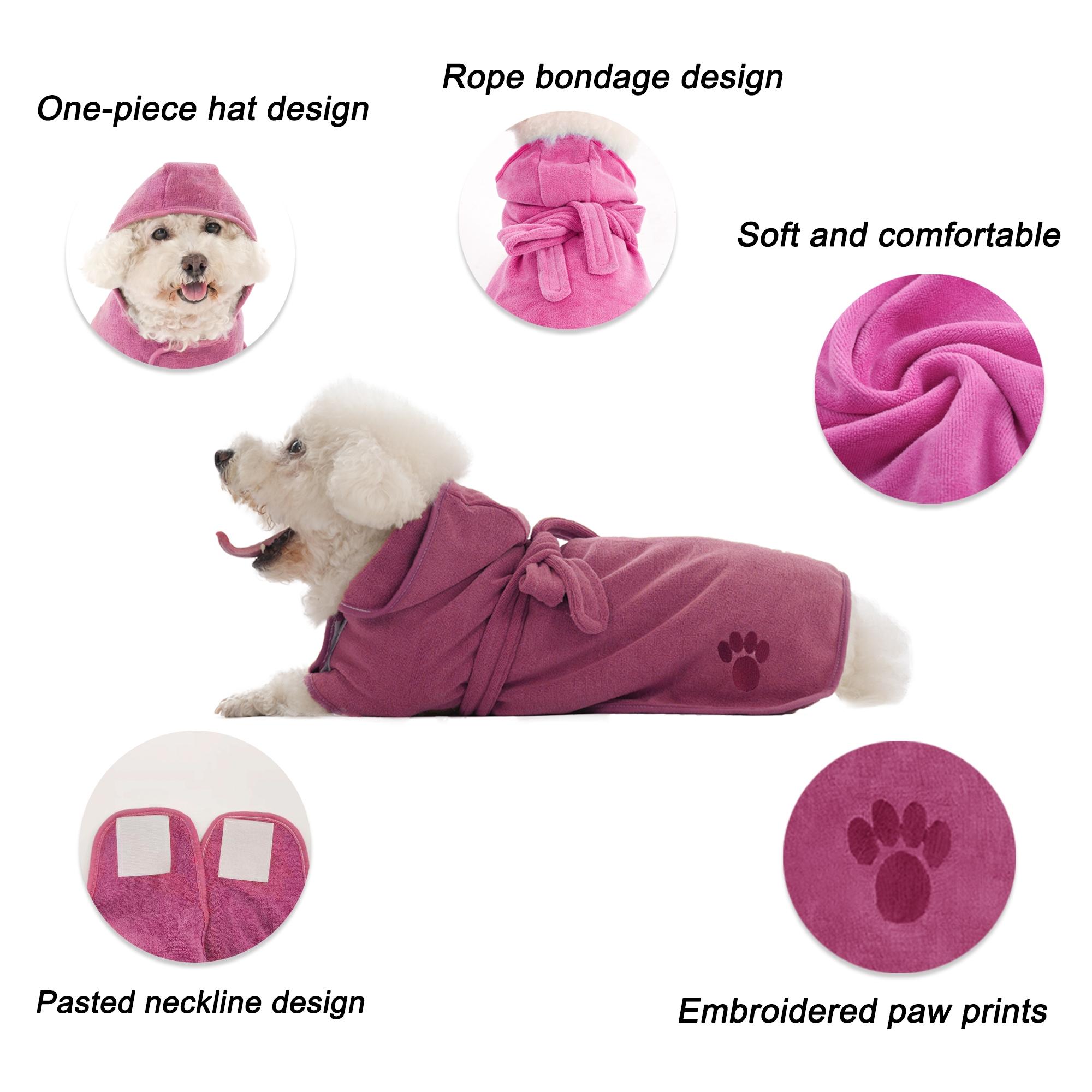 Pet Embroidered Paws Hat Bathrobe, Nylon 20% Polyester 80%, Velcro & Tie Design, Universal Absorbent Clothes for Small Medium Large Poodle Dogs Cats