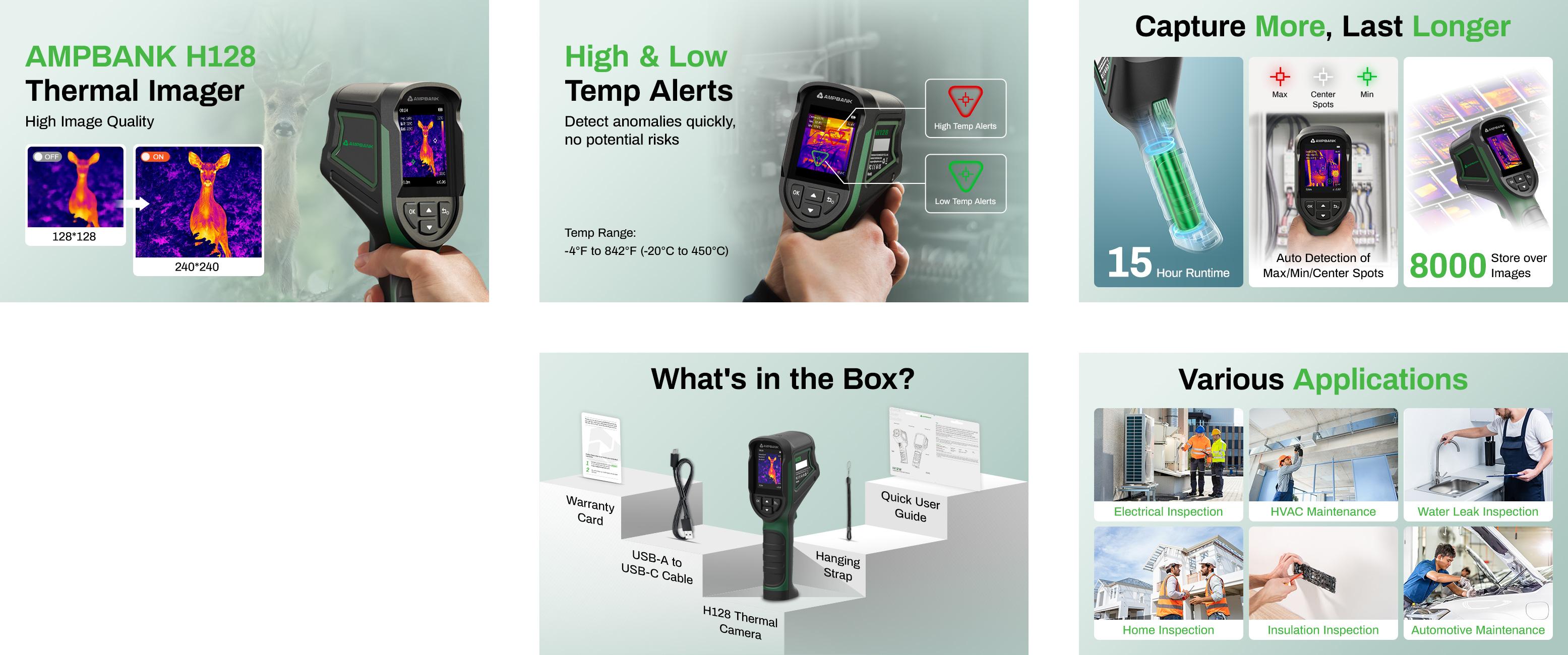 Handheld Thermal Camera AMPBANK H128, 240 x 240 TISR Resolution, 15h Battery Life Thermal Imaging Camera, 25 Hz Infrared Camera with Temperature Alarm Handheld Thermal Camera AMPBANK H128, 240 x 240 TISR Resolution, 15h Battery Life Thermal Imaging Camera, 25 Hz Infrared Camera with Temperature Alarm