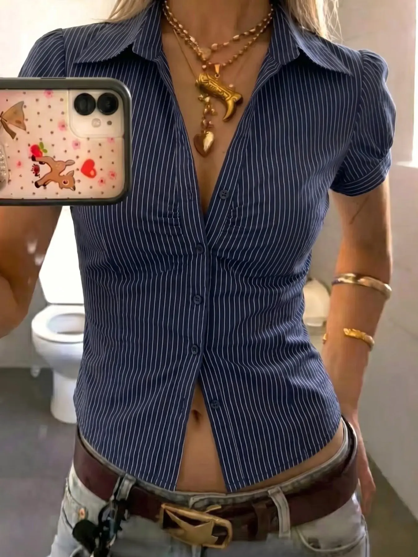 Versatile Striped Fitted Shirt - Casual Outfit, Wrinkle Resistant for Hangout & Date Women's Navy Striped Blouse, Tops, Y2K Style, Short Sleeve, Fitted, Casual, All Seasons, Office Sweet & Spicy, Daily Wear, Womenswear, Casual Collared Top, Button Up Top