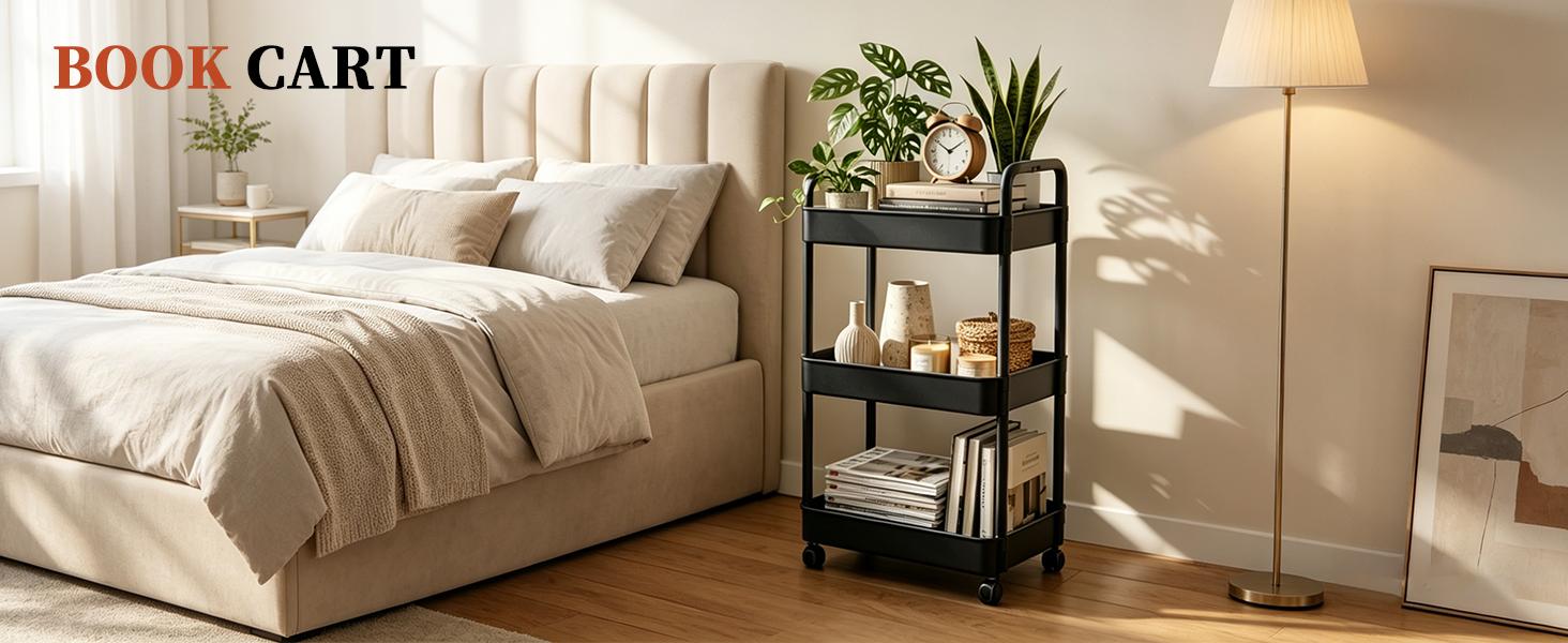 3 Tier Bamboo Rolling Utility Cart with Wheels - Lightweight, Compact Plastic Basket Storage Rack, Easy Installation Mobile Organizer for Baby Nursery, Kitchen, Bathroom, Locking Wheels