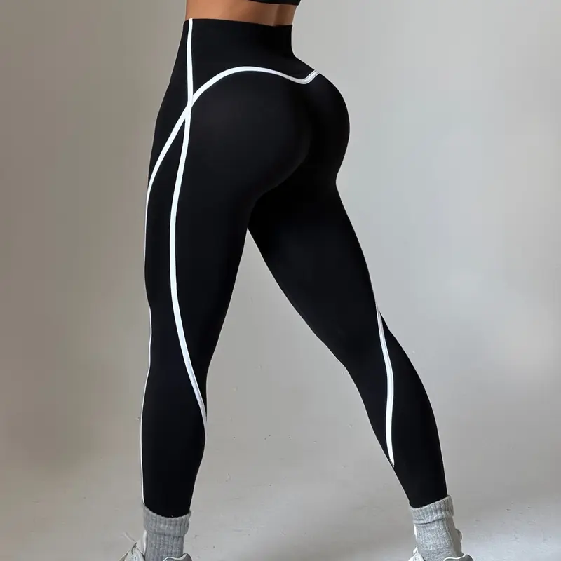 Women's Sporty High-Waist Tight Fit Pants, Colorblock Knit Outdoor Fitness Tights, Slimming Effect for All Seasons, Body Sculpt Leggings, Workout Pants