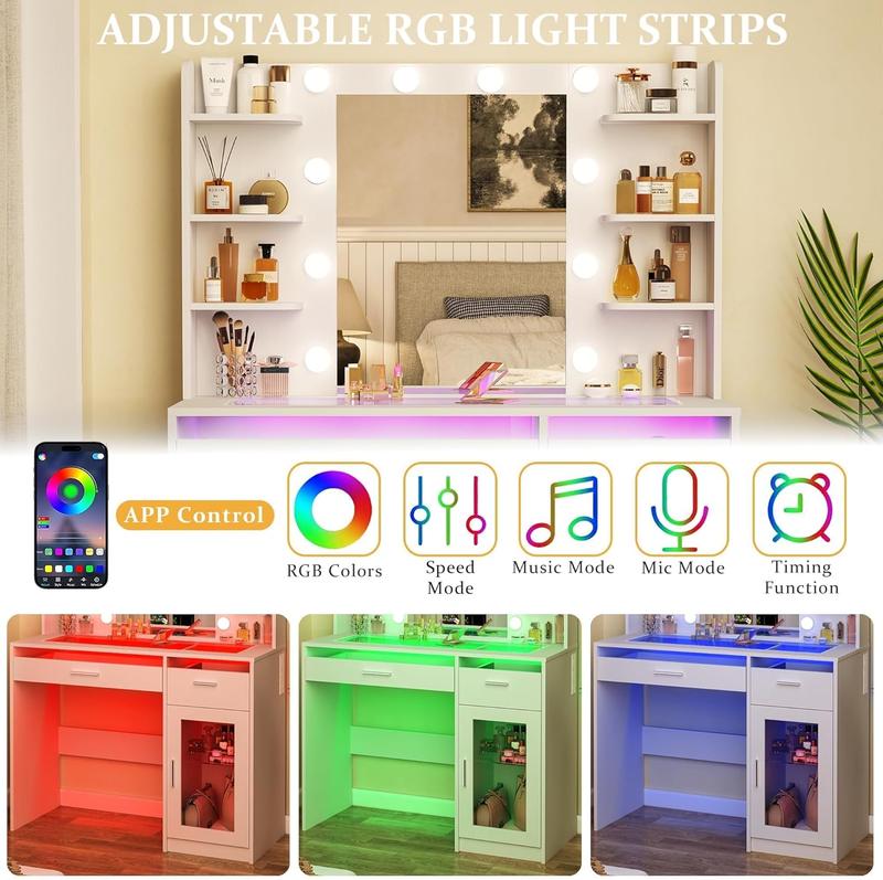 Vanity Desk with Mirror and Lights, Makeup Vanity Desk with Lights 3 Colors, Transparent Top Vanity with 2 RGB Drawers, 6 Shelves, Large Tempered Cabinet, Power Outlet, for Bedroom, White