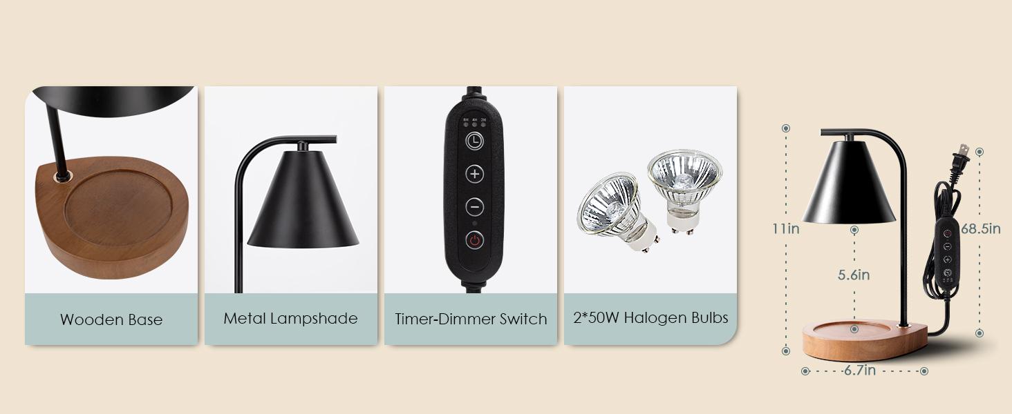 Candle Warmer Lamp with Retro Wooden Base - Home Decor Wax Melt for Small and Large Jar Candles, Candle Heater Lamp with 2 Bulbs, Dimmer and Timer Function