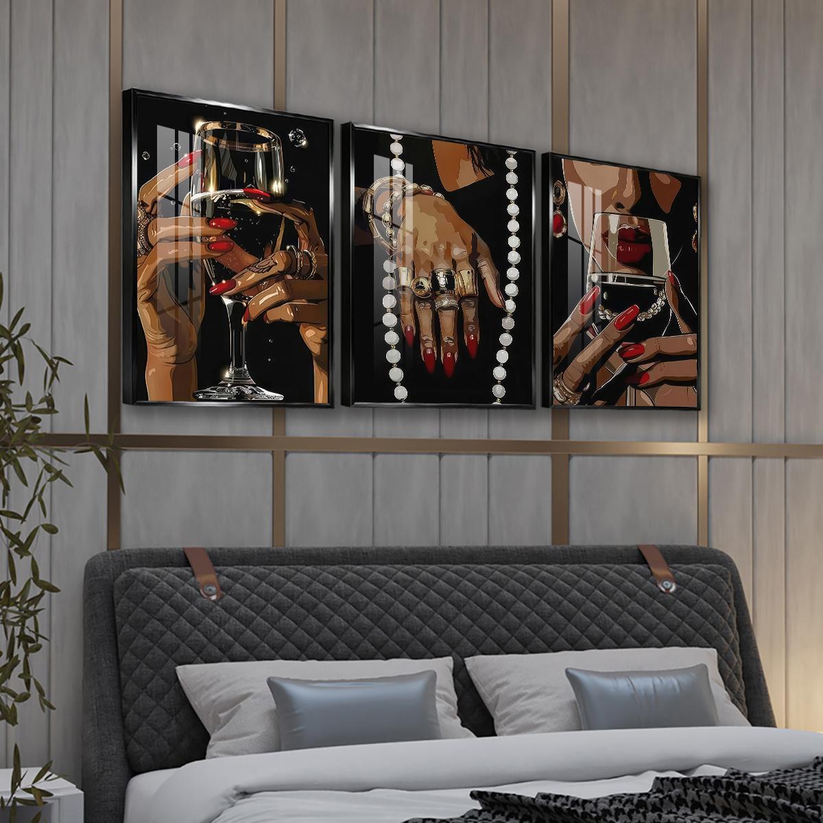 3 Counts Aluminum Alloy Framed Painting, Elegant Woman Hands With Wine Glass And Jewelry Pictures, Home Decoration For Living Room, Bedroom, Office, Restaurant, Hallway Wall Decor, Odorless Print Artwork, Luxury Perfect Gift For Friends And Family