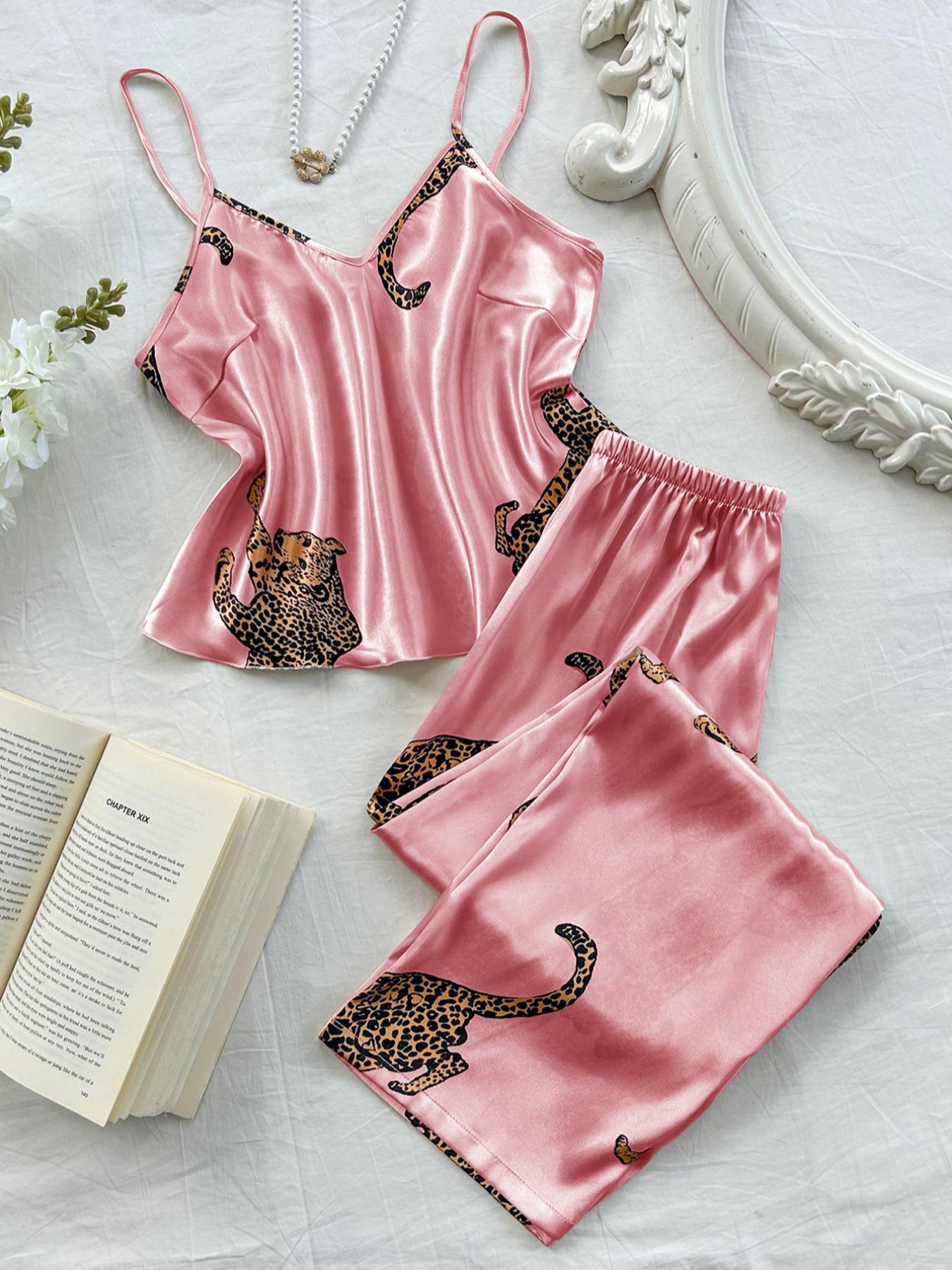 Women's Leopard Print Cami Top & Pants Pyjama Two-piece Set, Comfort Casual Fitted Camisole & Trousers Pj Set, Women's Sleepwear for All Seasons