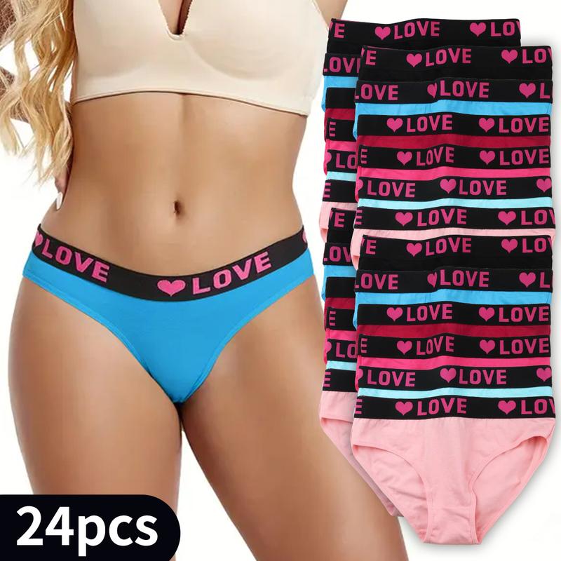 24pcs Women's Heart & Letter Tape Knicker Soft Comfy Breathable Panty, Women's  Letter Tape High Waist Knicker, Soft Comfy Breathable Panty for Daily Wear, Underwear for All Seasons