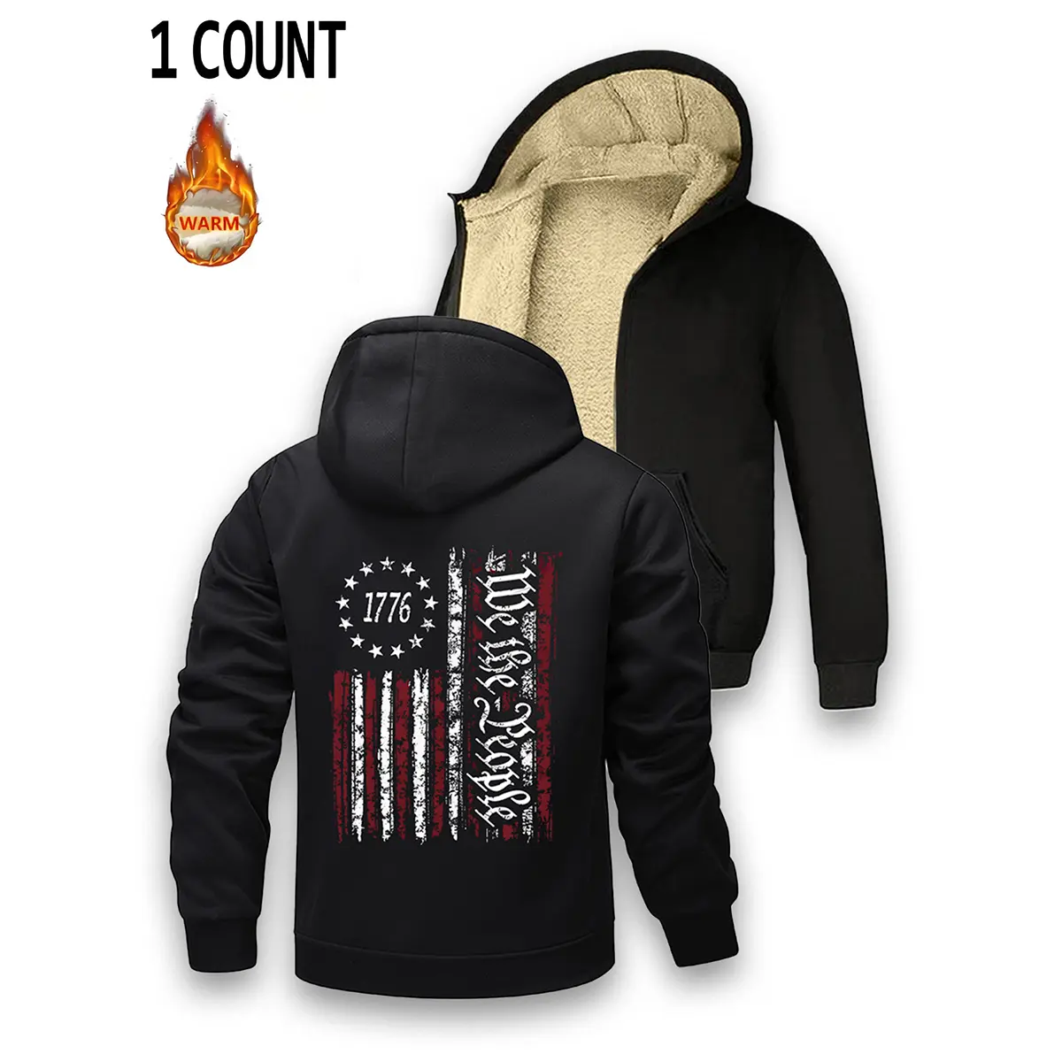 Men's Sherpa-Lined Full-Zip Hooded Jacket - Vintage Distressed 1776 We the People American Flag Graphic, Loose-Fit Thermal Fleece Outerwear for Cold Weather Daily & Outdoor Use