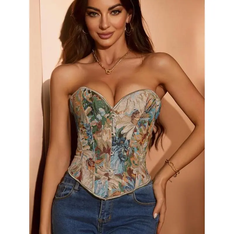 Women's Vintage Oil Painting Floral Pattern Front-Closure Corset Top, Fashionable Lace Up Backless Strapless Shapewear Corset for Daily Wear, Tummy Control Shaper for All Seasons, Bustier Shapewear Top